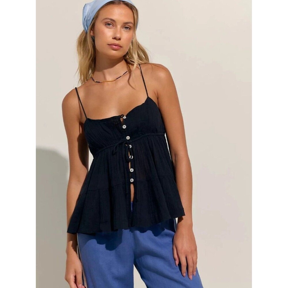 Free People Free-Est Heatwave Cami Blouse Top Buttondown Black Cotton L 290453